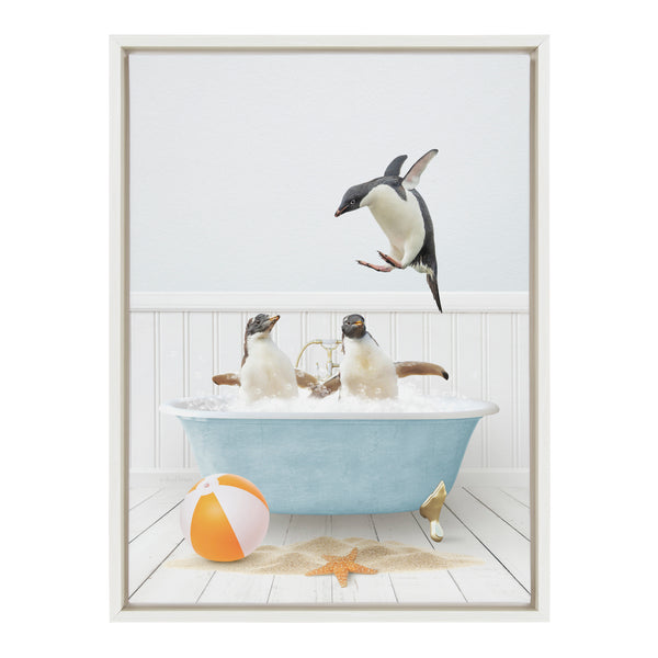 Kate & Laurel Sylvie Three Penguins Beach House Bath Framed Canvas By Amy Peterson