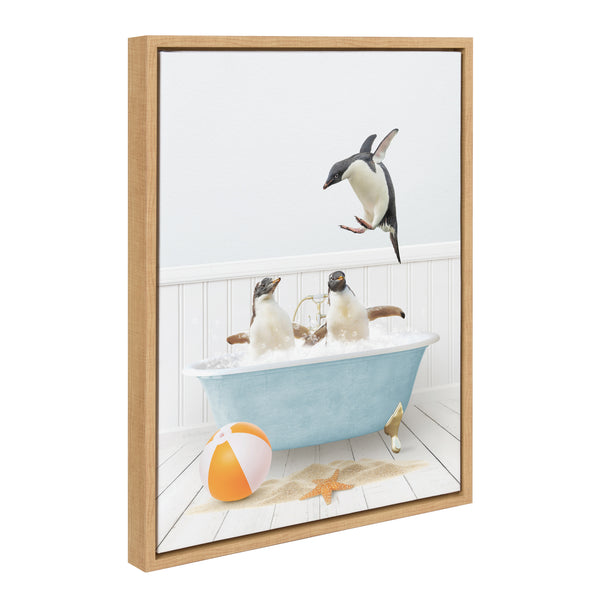 kate & laurel Sylvie Three Penguins Beach House Bath Framed Canvas by Amy Peterson