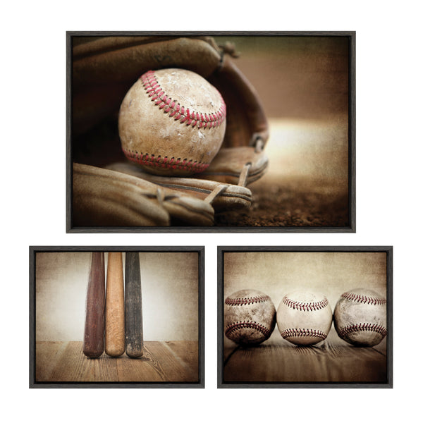 kate & laurel Sylvie Three Vintage Bats Baseball Glove at Home Plate and Three Vintage Baseballs Framed Canvas Art Set by Saint and Sailor Studios