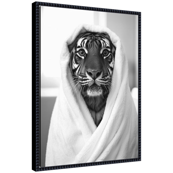 Kate & Laurel Sylvie Tiger Bathroom Art Towel Robe Black And White Framed Canvas By The Creative Bunch Studio