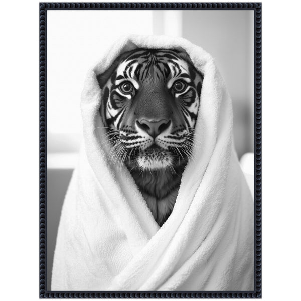 Kate & Laurel Sylvie Tiger Bathroom Art Towel Robe Black And White Framed Canvas By The Creative Bunch Studio