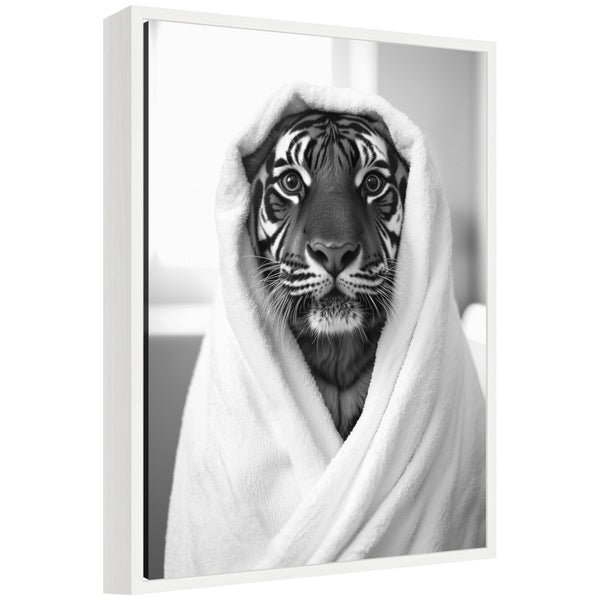 kate & laurel Sylvie Tiger Bathroom Art Towel Robe Black and White Framed Canvas by The Creative Bunch Studio