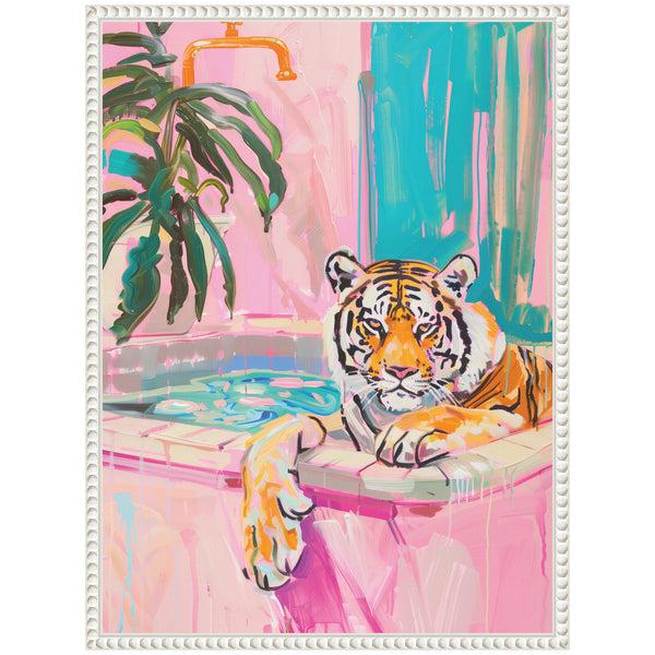 Kate & Laurel Sylvie Tiger Bathtub Vibrant Dopamine Decor Framed Canvas By Honey Island Studio