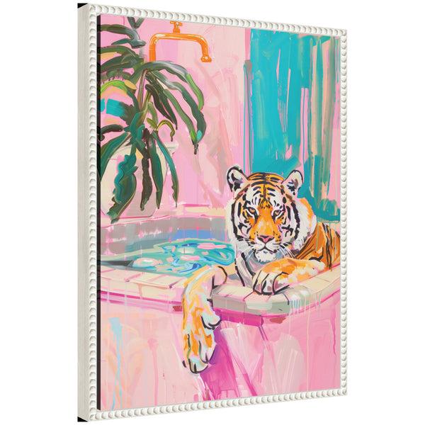 kate & laurel Sylvie Tiger Bathtub Vibrant Dopamine Decor Framed Canvas by Honey Island Studio