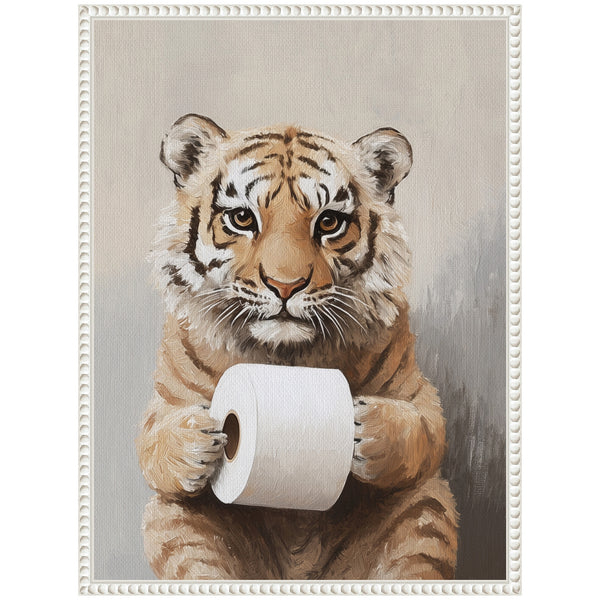 Kate & Laurel Sylvie Tiger Cub Holding Toilet Paper Roll Bathroom Art Framed Canvas By The Creative Bunch Studio