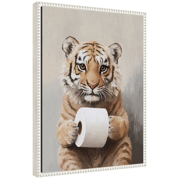kate & laurel Sylvie Tiger Cub Holding Toilet Paper Roll Bathroom Art Framed Canvas by The Creative Bunch Studio