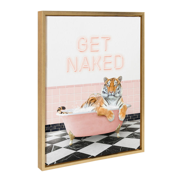 Kate & Laurel Sylvie Tiger Get Naked Retro Pink Bath Framed Canvas By Amy Peterson Art Studio