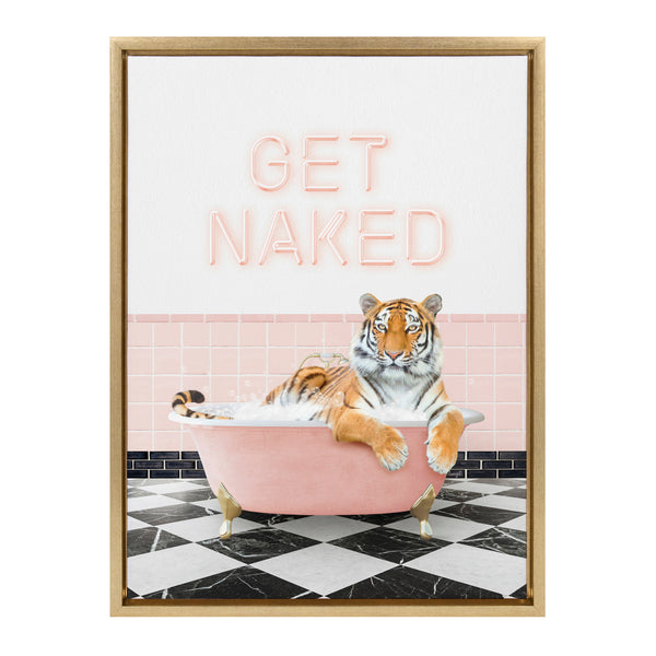 Kate & Laurel Sylvie Tiger Get Naked Retro Pink Bath Framed Canvas By Amy Peterson Art Studio