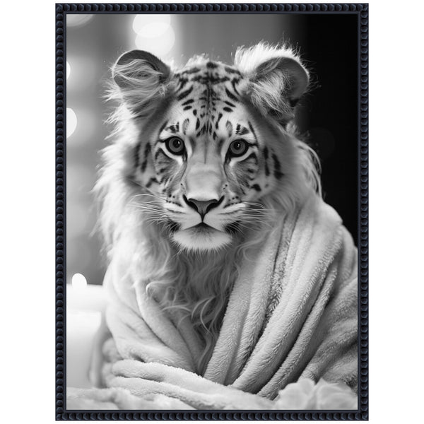 Kate & Laurel Sylvie Tiger Glam Bathroom Towel Robe Black And White Framed Canvas By The Creative Bunch Studio