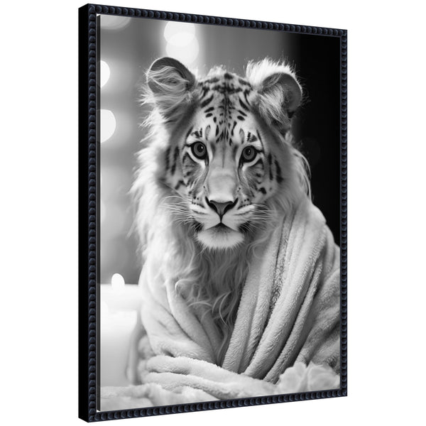 kate & laurel Sylvie Tiger Glam Bathroom Towel Robe Black and White Framed Canvas by The Creative Bunch Studio