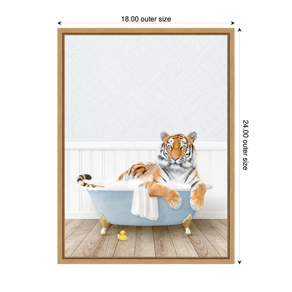 Kate & Laurel Sylvie Tiger In Cottage Blue Bathtub Framed Canvas By Amy Peterson