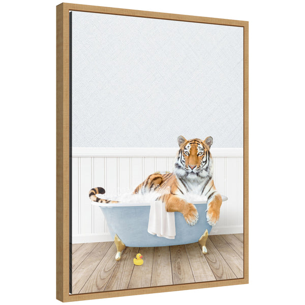 kate & laurel Sylvie Tiger in Cottage Blue Bathtub Framed Canvas by Amy Peterson