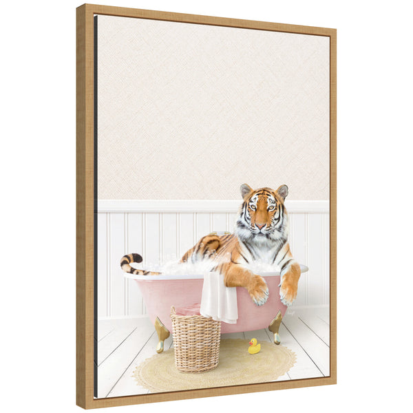 kate & laurel Sylvie Tiger in Cottage Pink Bath Framed Canvas by Amy Peterson