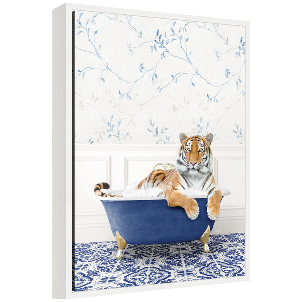kate & laurel Sylvie Tiger in Eclectic Blue Bathtub Framed Canvas by Amy Peterson