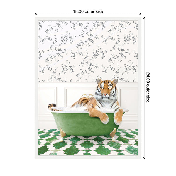 Kate & Laurel Sylvie Tiger In Eclectic Green Bathtub Framed Canvas By Amy Peterson