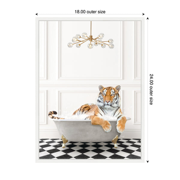 Kate & Laurel Sylvie Tiger In Gray Bathtub Checker Floor Framed Canvas By Amy Peterson