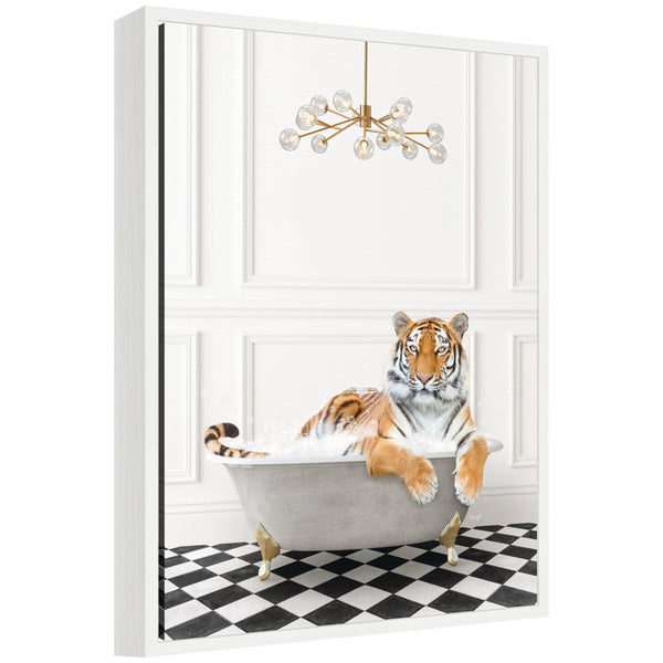 kate & laurel Sylvie Tiger in Gray Bathtub Checker Floor Framed Canvas by Amy Peterson