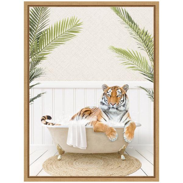 Kate & Laurel Sylvie Tiger In Palm Bath Framed Canvas By Amy Peterson