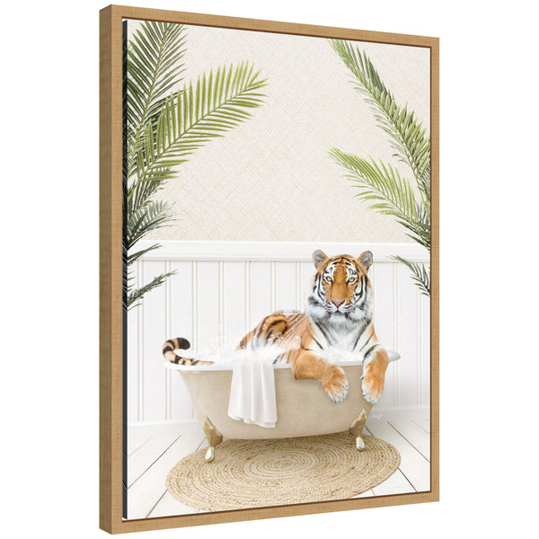 kate & laurel Sylvie Tiger in Palm Bath Framed Canvas by Amy Peterson