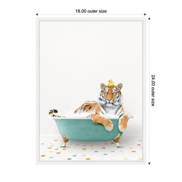 Kate & Laurel Sylvie Tiger In Teal Bathtub On Colored Tile Framed Canvas By Amy Peterson