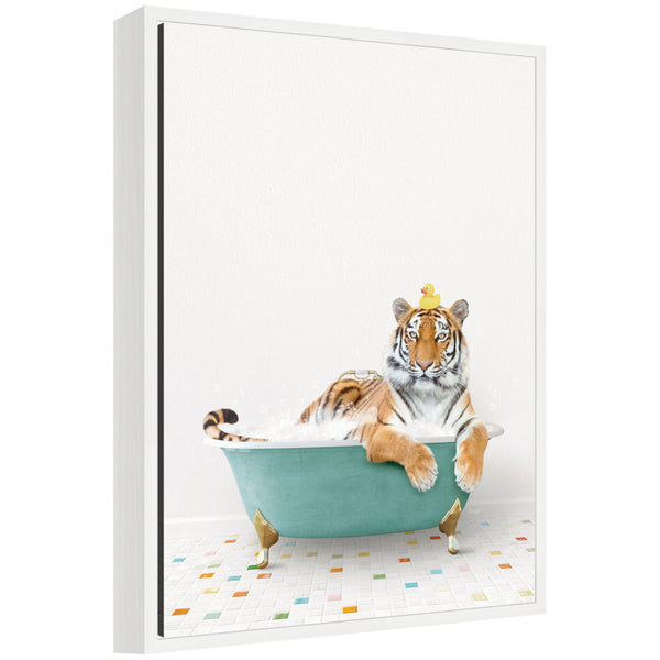 kate & laurel Sylvie Tiger in Teal Bathtub on Colored Tile Framed Canvas by Amy Peterson