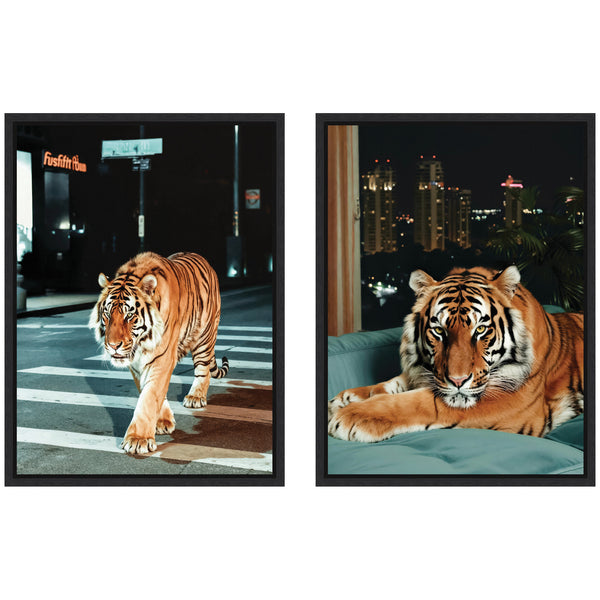 Kate & Laurel Sylvie Tiger In The City At Night Framed Canvas Art Set By Michael Schauer