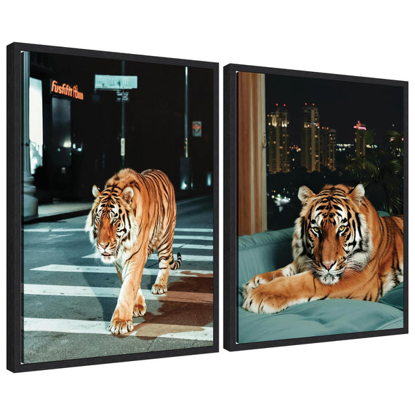 kate & laurel Sylvie Tiger in the City at Night Framed Canvas Art Set by Michael Schauer
