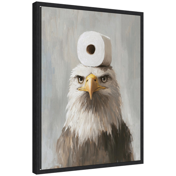kate & laurel Sylvie Toilet Paper Roll on Bald Eagles Head Bathroom Art Framed Canvas by The Creative Bunch Studio