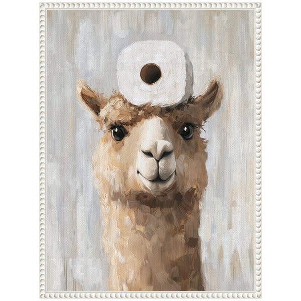 Kate & Laurel Sylvie Toilet Paper Roll On Cute Alpaca Head Bathroom Art Framed Canvas By The Creative Bunch Studio