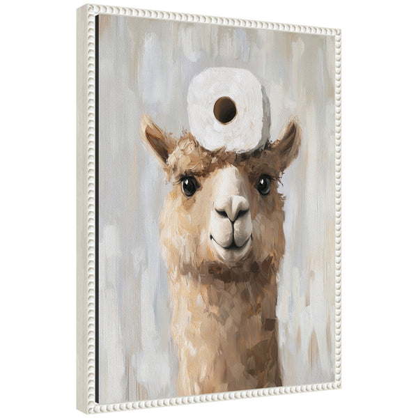 kate & laurel Sylvie Toilet Paper Roll on Cute Alpaca Head Bathroom Art Framed Canvas by The Creative Bunch Studio