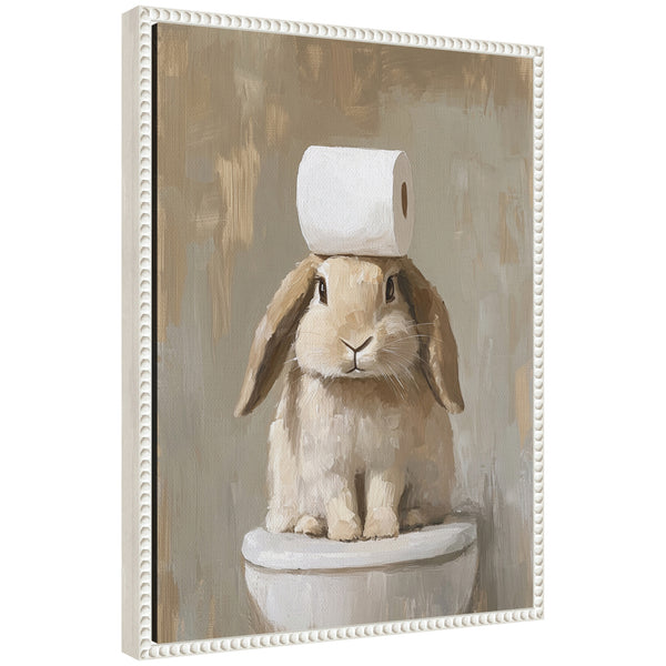 kate & laurel Sylvie Toilet Paper Roll on Cute Bunny Head Bathroom Art Framed Canvas by The Creative Bunch Studio