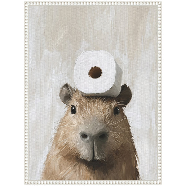 Kate & Laurel Sylvie Toilet Paper Roll On Cute Capybara Head Bathroom Art Framed Canvas By The Creative Bunch Studio