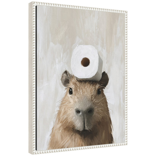 kate & laurel Sylvie Toilet Paper Roll on Cute Capybara Head Bathroom Art Framed Canvas by The Creative Bunch Studio