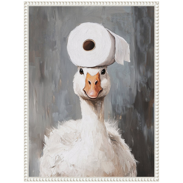 Kate & Laurel Sylvie Toilet Paper Roll On Cute Goose Head Bathroom Art Framed Canvas By The Creative Bunch Studio