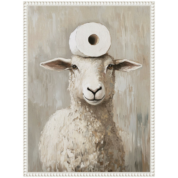 Kate & Laurel Sylvie Toilet Paper Roll On Cute Sheeps Head Bathroom Art Framed Canvas By The Creative Bunch Studio