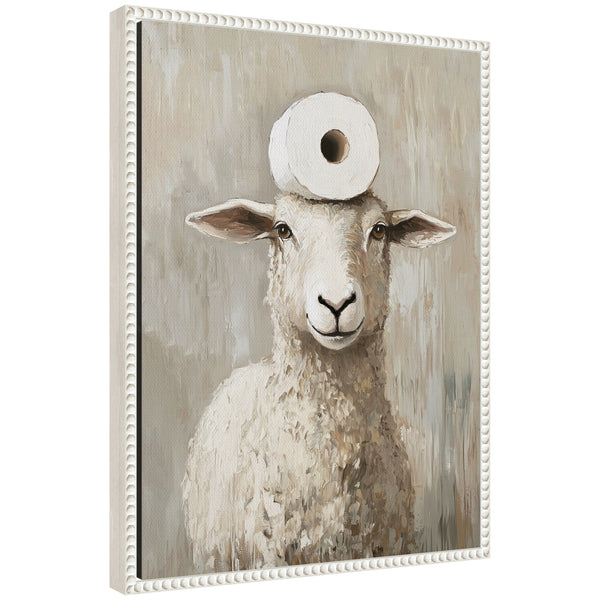 kate & laurel Sylvie Toilet Paper Roll on Cute Sheeps Head Bathroom Art Framed Canvas by The Creative Bunch Studio