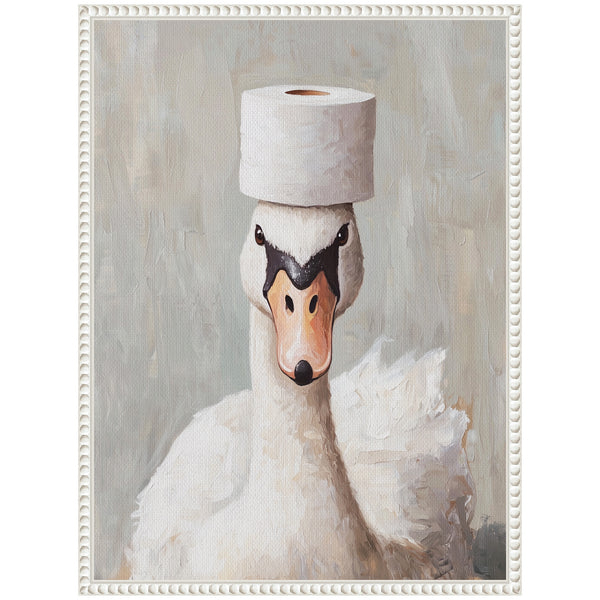 Kate & Laurel Sylvie Toilet Paper Roll On White Swans Head Bathroom Art Framed Canvas By The Creative Bunch Studio