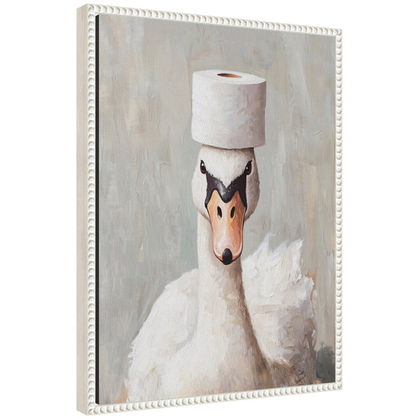 kate & laurel Sylvie Toilet Paper Roll on White Swans Head Bathroom Art Framed Canvas by The Creative Bunch Studio