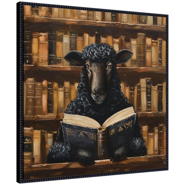 kate & laurel Sylvie Traditional Black Sheep Reading in Vintage Library Framed Canvas by The Creative Bunch Studio