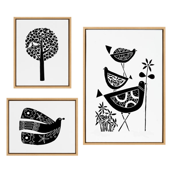 kate & laurel Sylvie Trio Linocut Love Tree Linocut and Over the Cloud Linocut Framed Canvas Art Set by Giuliana Lazzerini