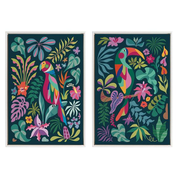kate & laurel Sylvie Tropical Parrot and Tropical Toucan Framed Canvas Art Set by Rachel Lee