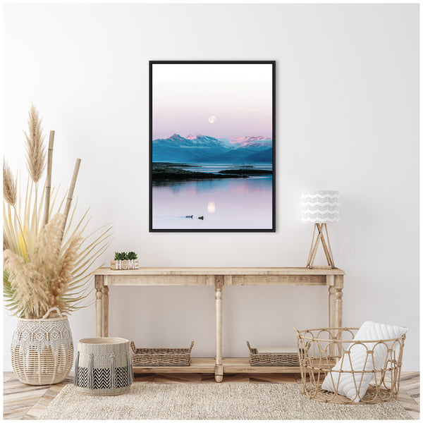 Kate & Laurel Sylvie Two Ducks In A Lake During Pastel Moonrise Over Icelandic Mountains Framed Canvas By Michael Schauer