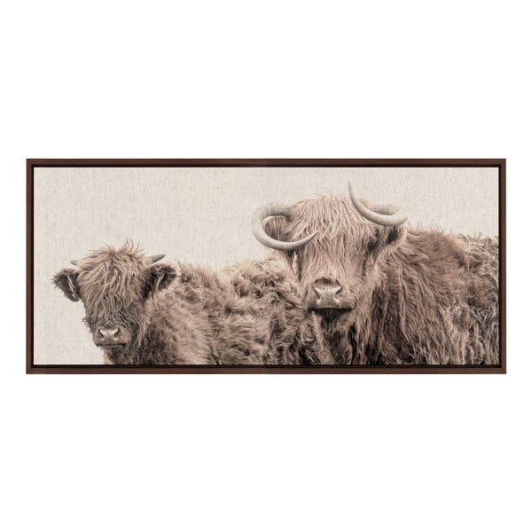 Kate & Laurel Sylvie Two Highland Cow Best Friends Color Neutral Linen Bright Framed Canvas By The Creative Bunch Studio