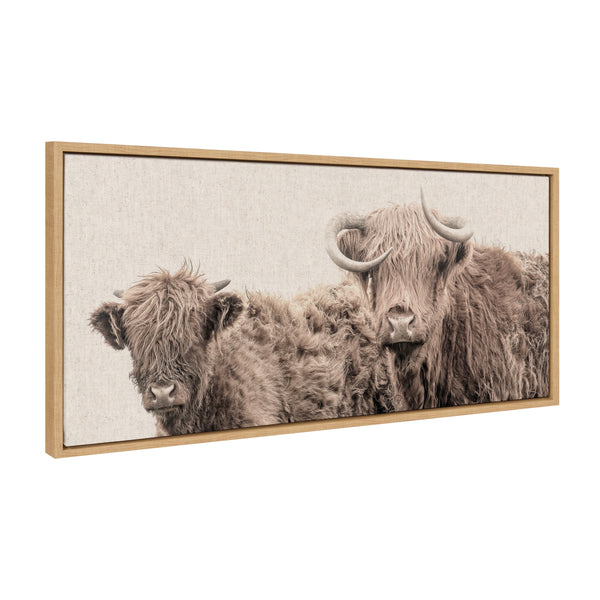 kate & laurel Sylvie Two Highland Cow Best Friends Color Neutral Linen Bright Framed Canvas by The Creative Bunch Studio