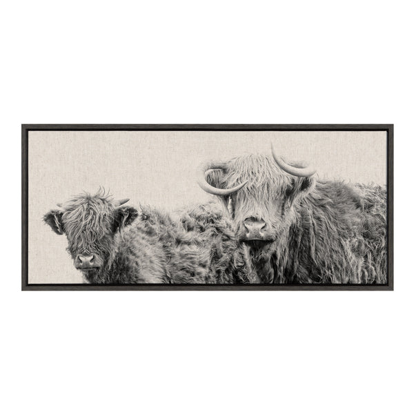 Kate & Laurel Sylvie Two Highland Cow Best Friends Neutral Linen Bright Framed Canvas By The Creative Bunch Studio