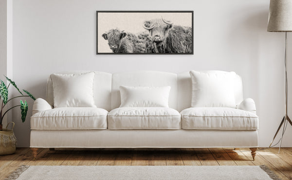 Kate & Laurel Sylvie Two Highland Cow Best Friends Neutral Linen Bright Framed Canvas By The Creative Bunch Studio