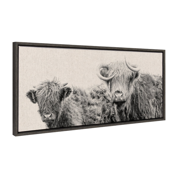 kate & laurel Sylvie Two Highland Cow Best Friends Neutral Linen Bright Framed Canvas by The Creative Bunch Studio