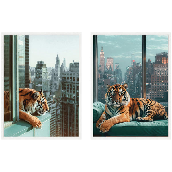 Kate & Laurel Sylvie Urban Tigers In New York Framed Canvas Art Set By Michael Schauer