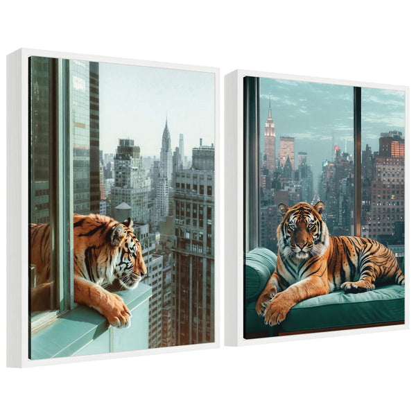 kate & laurel Sylvie Urban Tigers in New York Framed Canvas Art Set by Michael Schauer