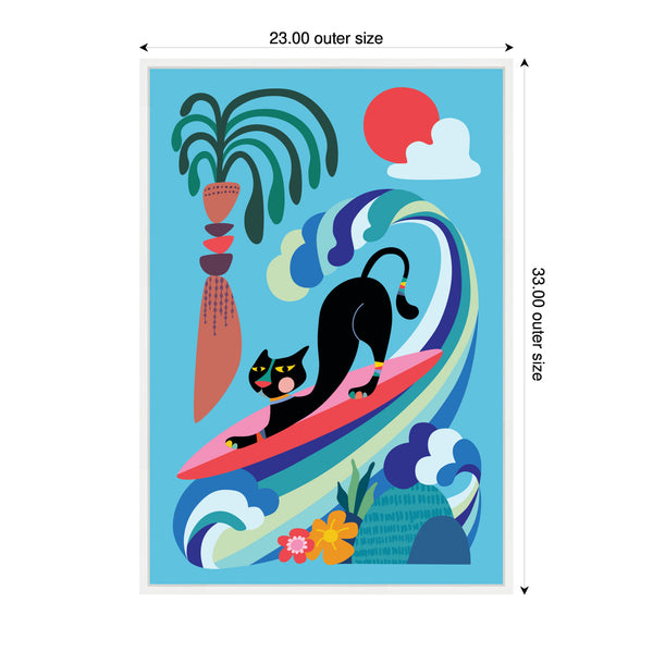 Kate & Laurel Sylvie Vibrant Whimsical Ocean Surf Cat Framed Canvas By Rachel Lee